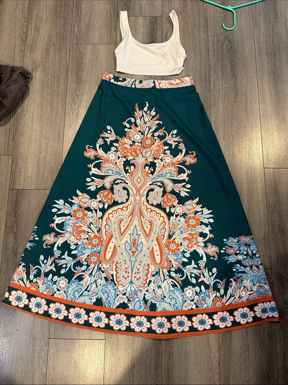 Teal Floral Maxi Skirt with Orange & White Paisley Design